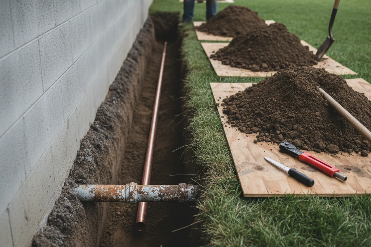 Excavated water line trench during Sewer Line Repair in Siler City